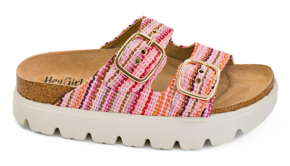 Multicolored sandal with buckles on a white background