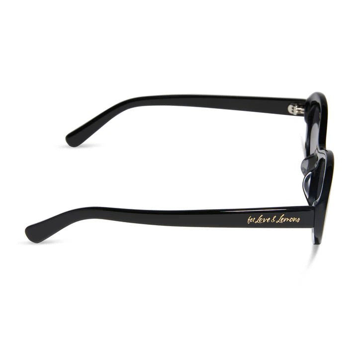 Black sunglasses with gold logo on a white background