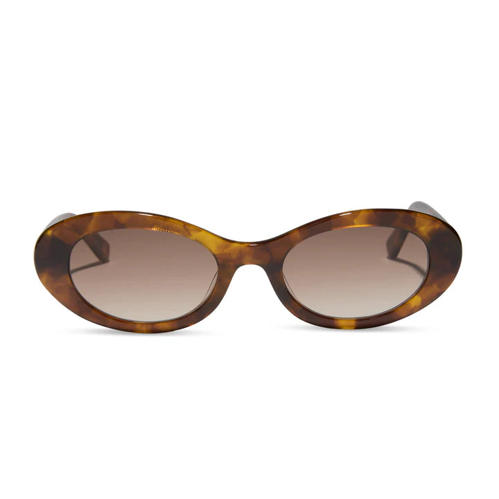 Sunglasses with tortoiseshell frame and brown lenses on a white background