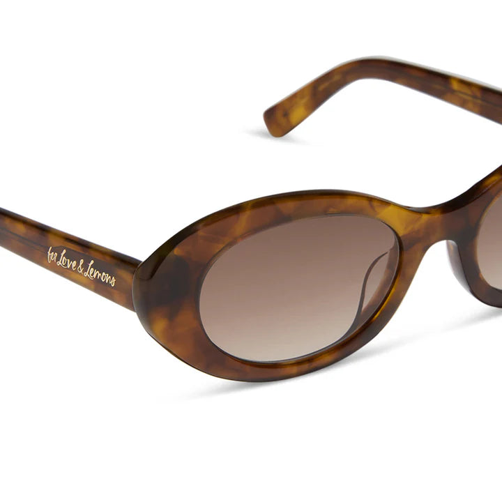 Sunglasses with tortoiseshell frame and brown lenses on a white background