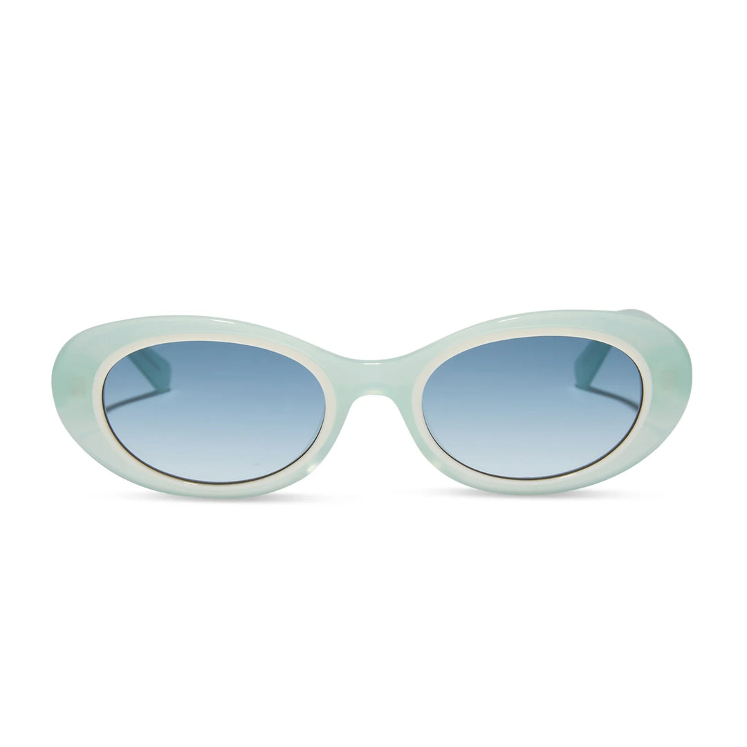 Oval sunglasses with a translucent mint green acetate frame and light blue gradient lenses, shown against a plain white background.