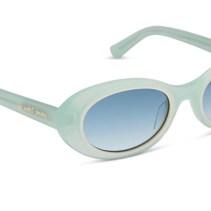 Mint green sunglasses with blue lenses on a white background
