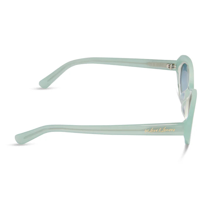 Light blue sunglasses with a brand logo on a white background