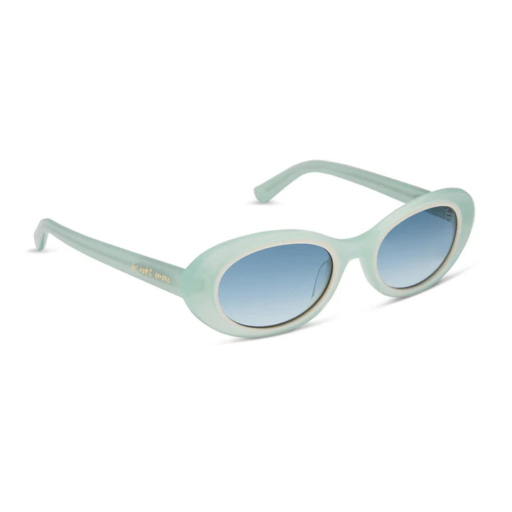 Mint green sunglasses with blue gradient lenses on a white background
