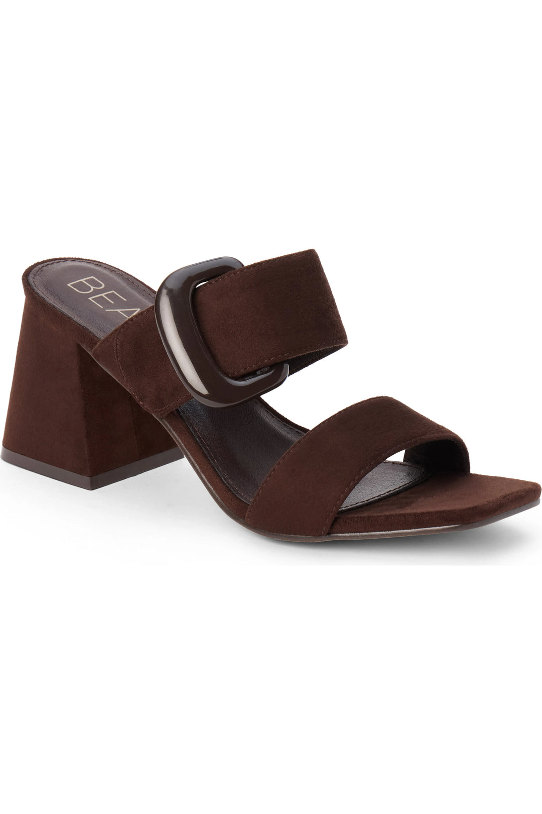 Brown suede sandal with buckle on white background
