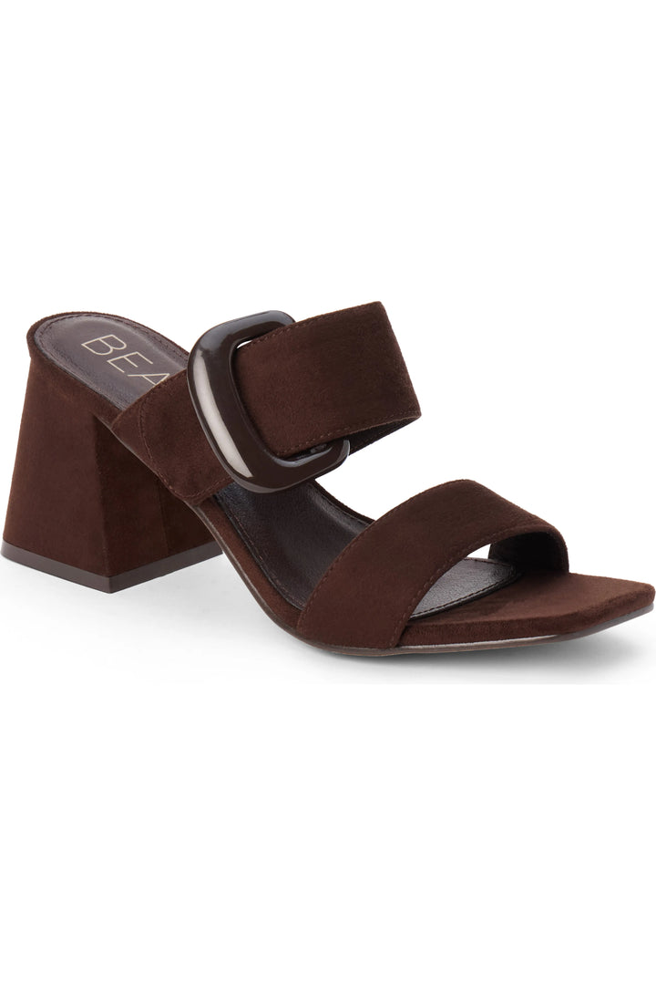 Brown suede sandal with buckle on white background