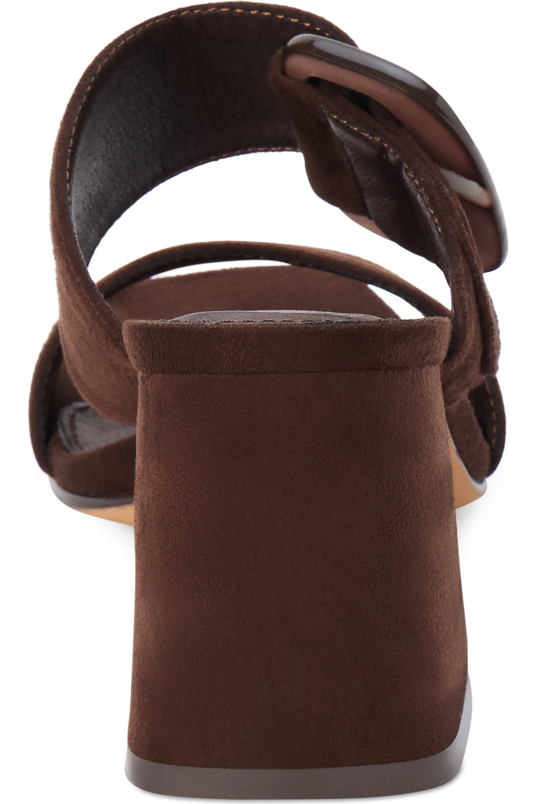 A close-up rear view of a brown suede block-heel sandal with a wide strap and a large dark brown oval buckle, shown on a white background.