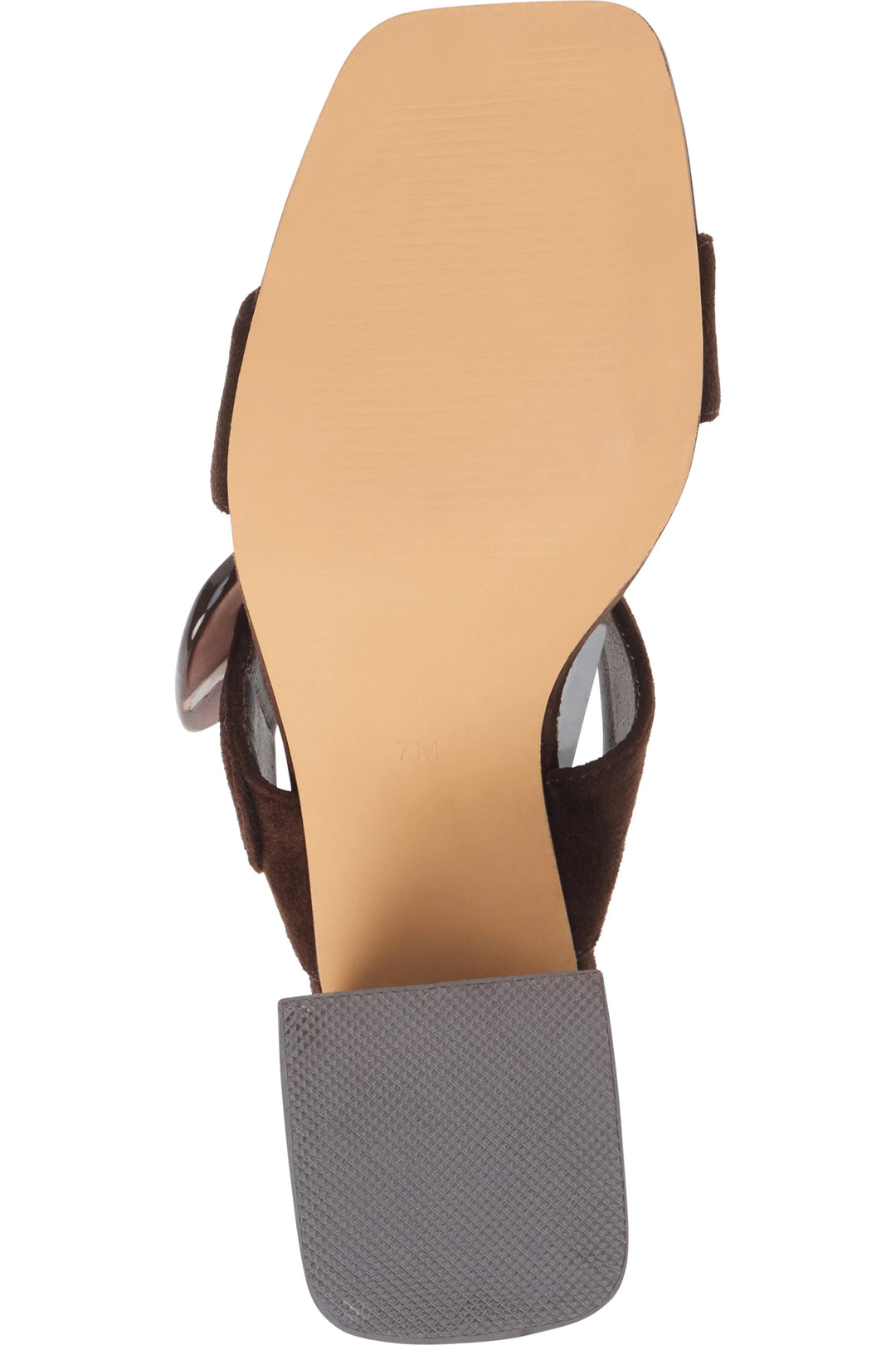 A top-down view of a brown strappy sandal with a square block heel, featuring a textured gray heel cap and a light tan insole, shown on a white background.