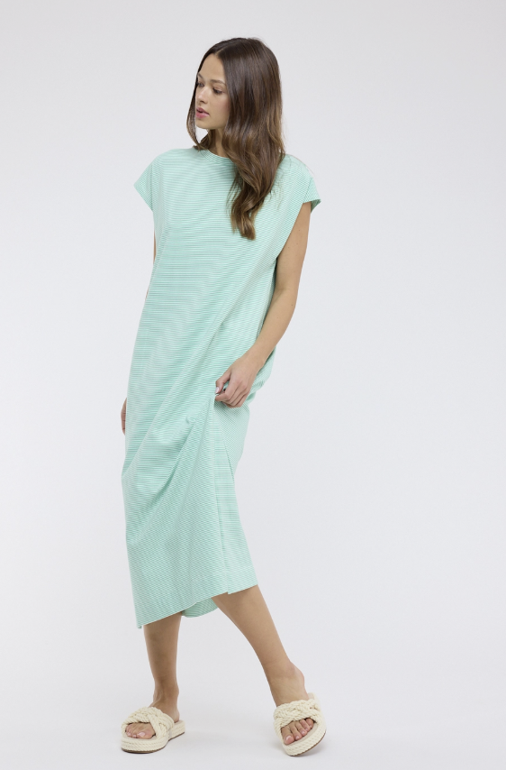 Woman wearing a light green dress on a white background