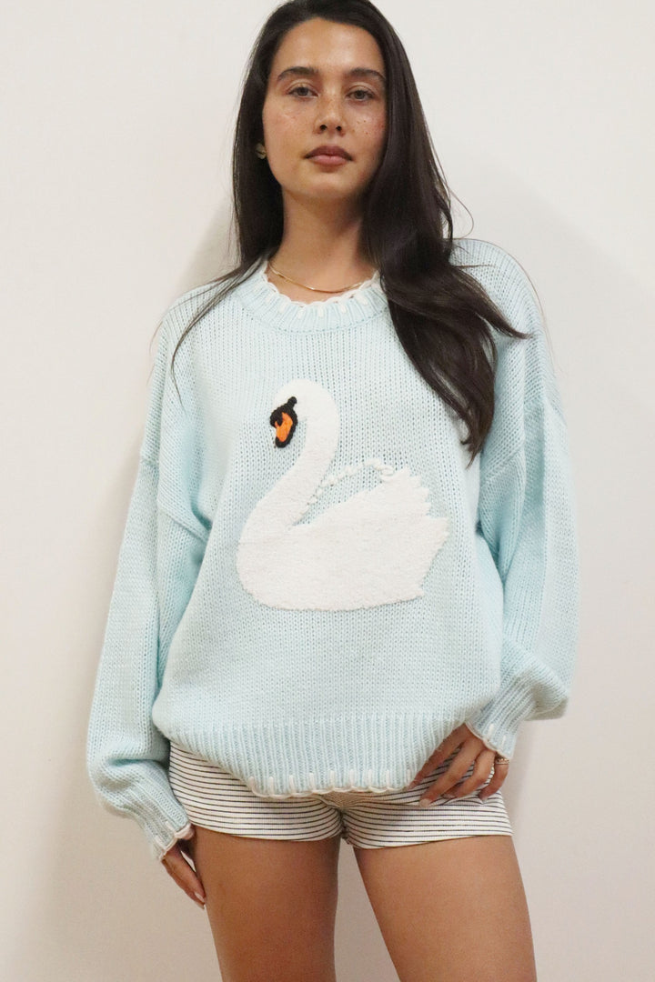 Woman wearing a light blue sweater with a swan design against a plain background