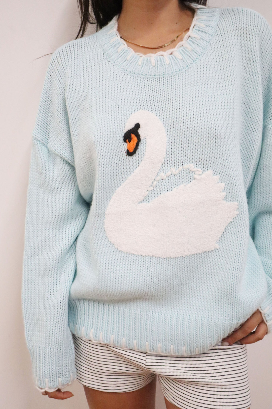 Light blue sweater with a swan design worn by a person against a plain background