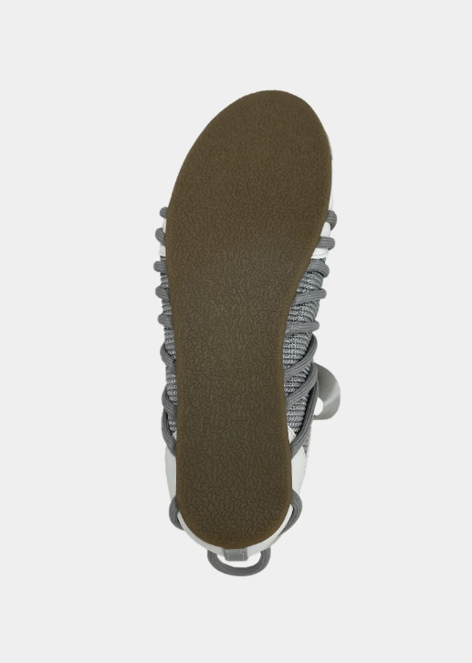 Close-up of a sandal sole with a textured design on a white background