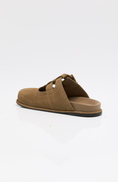 A single brown suede clog-style slide sandal with decorative cutout straps and a black outsole, photographed on a clean white background.