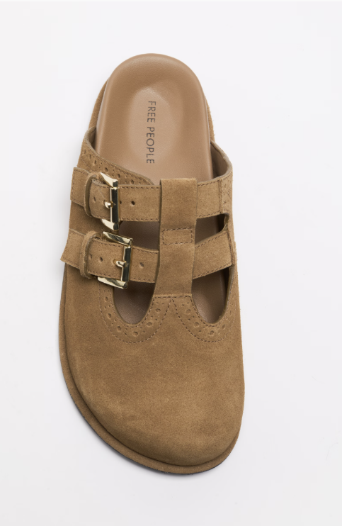 A top-down view of a tan suede mule sandal with two double-buckle straps and a pointed toe, branded &