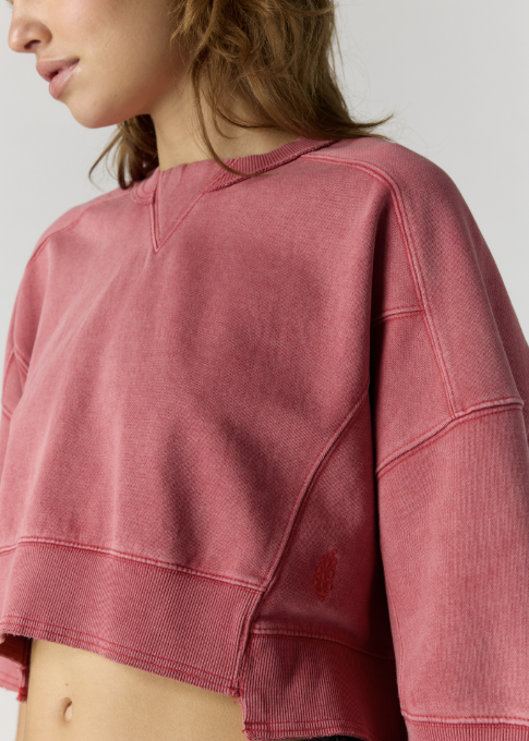 Close up of woman wearing red cropped sweatshirt on plain background