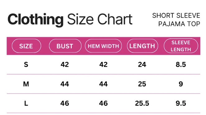 short sleeve pajama size chart
