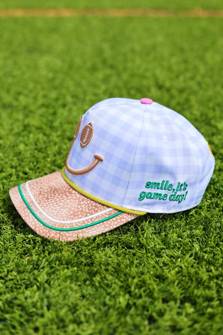 Blue gingham trucker hate with &