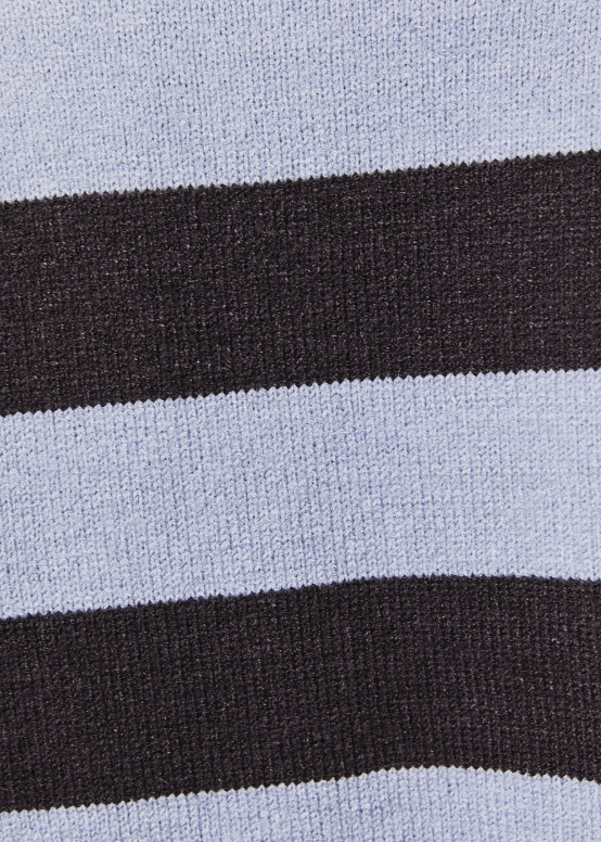 A close-up of a knitted fabric with horizontal stripes in light blue and dark brown.