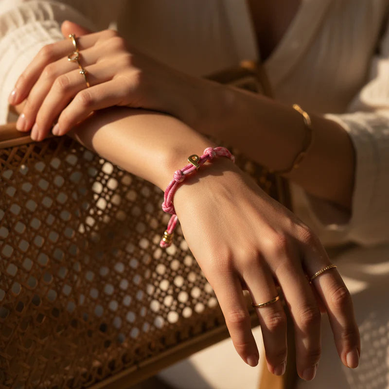 Close-up of a hand wearing a pink bracelet with gold accents, holding a woven brown bag.