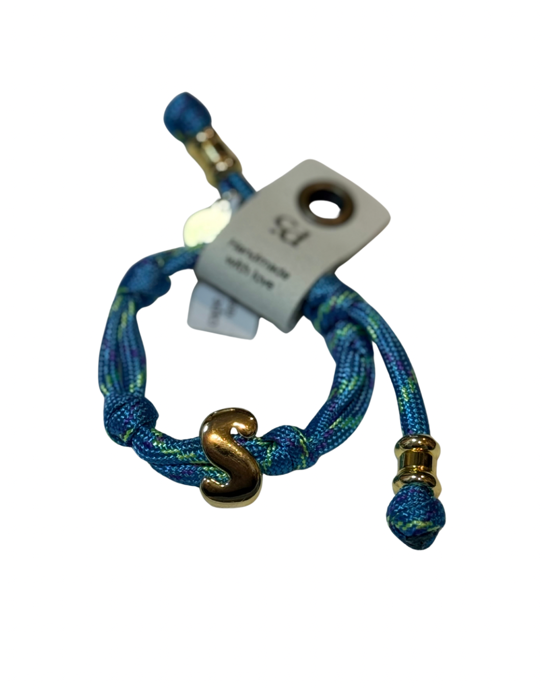 Blue braided cord with gold accents on a white background