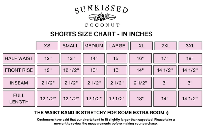 Sizing chart for sunkissed coconut