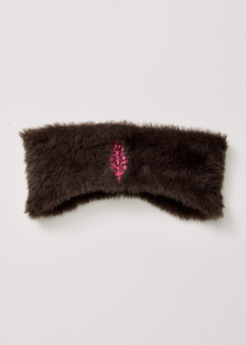 Brown sherpa headband with pink logo on white background