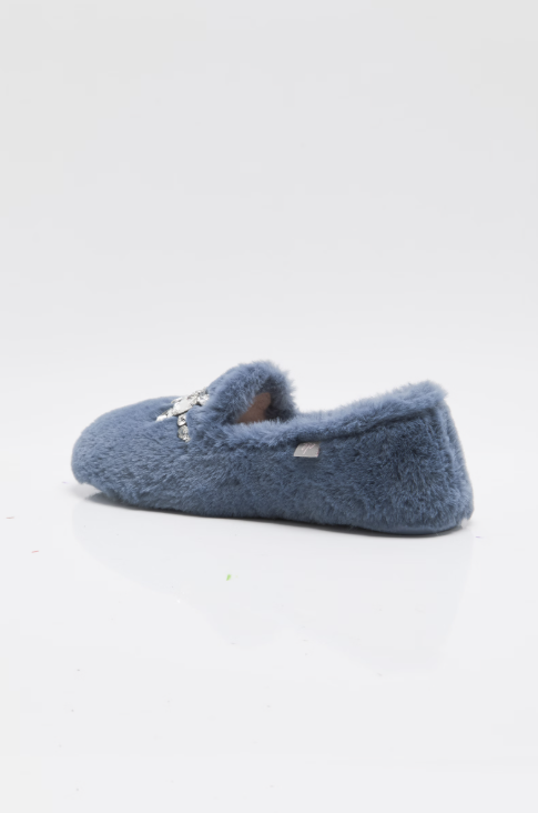 A single fuzzy slipper in dusty blue with a small silver rhinestone embellishment on the vamp, shown from a side profile against a clean white background.