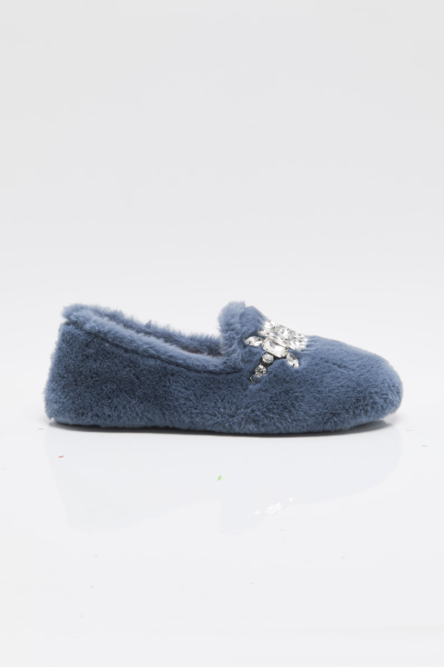 Pair of gray slides with a blue logo on a white background