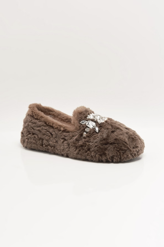 Chocolate fuzzy slipper with rhinestone details on white background