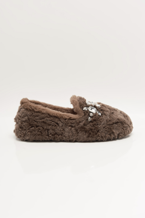 A single brown fuzzy slipper with a small silver rhinestone embellishment on the toe, shown against a plain white background.