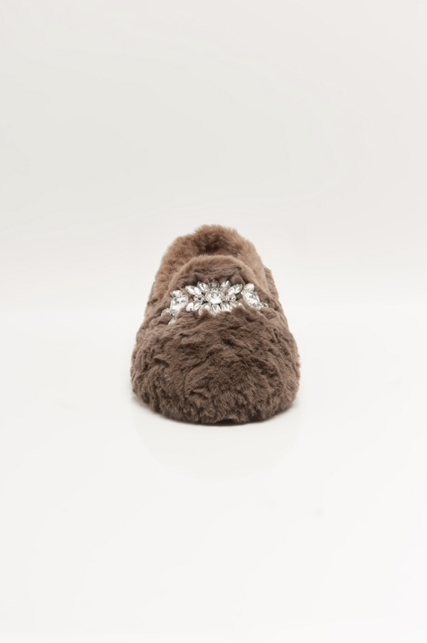Brown fuzzy slipper with rhinestone detail on white background