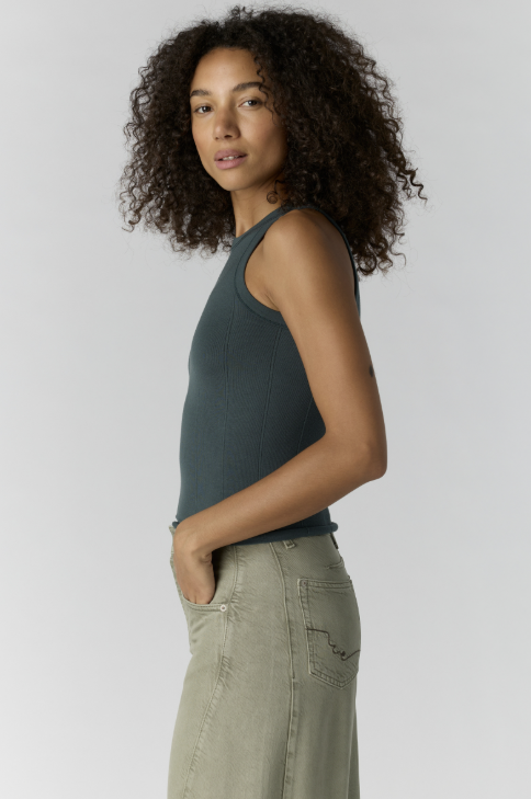 Woman wearing teal tank top and khaki pants on white background