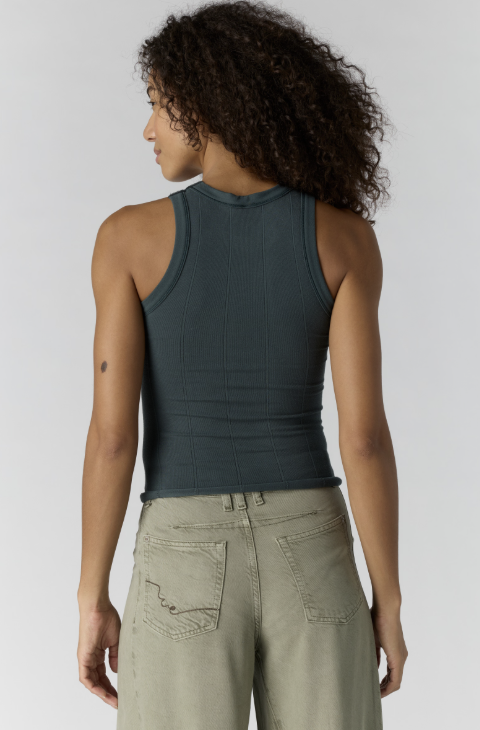 Woman wearing teal tank top and khaki pants on white background