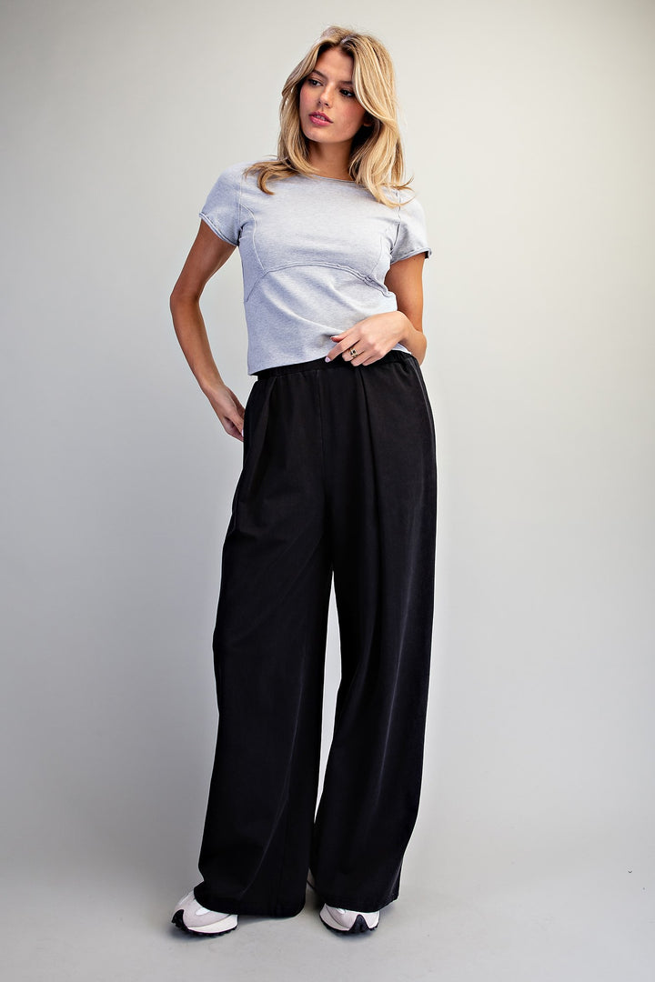 A woman modeling a light blue short-sleeve crop top and black wide-leg trousers against a plain light gray studio background.