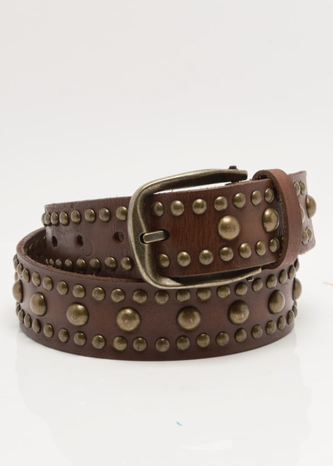 Brown studded belt with gold accents on plain background