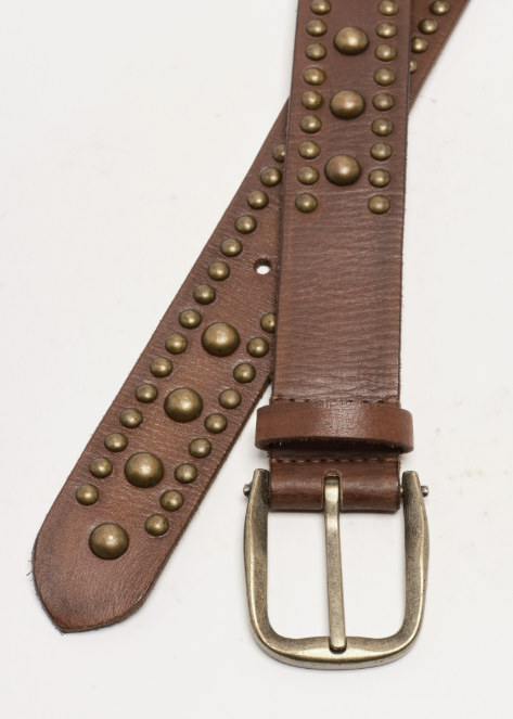 A brown leather belt with antique bronze studs and a matching metal buckle, displayed on a clean white background.