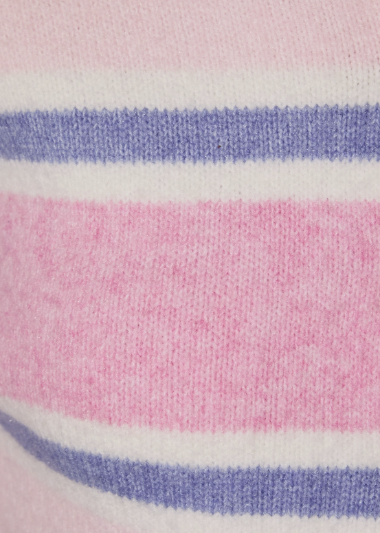 Close-up of a soft knit fabric with horizontal stripes in light pink, white, and periwinkle blue.