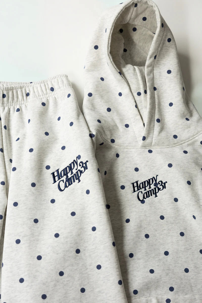 Gray hoodie with blue polka dots and &