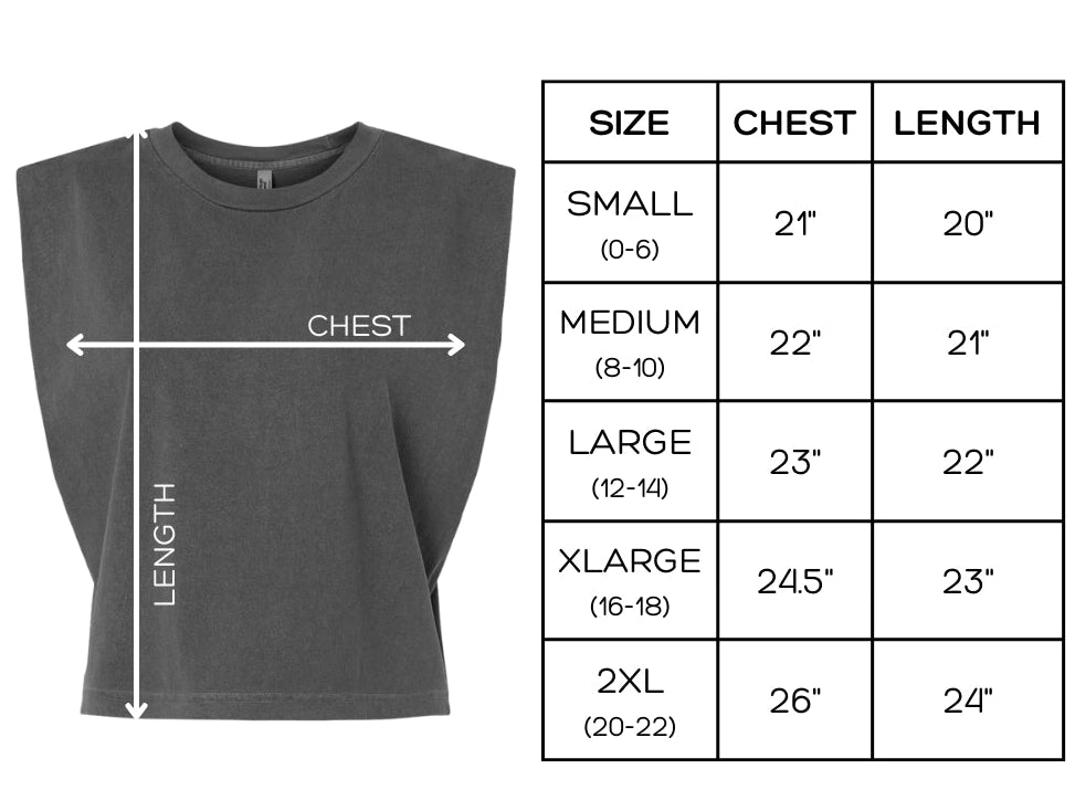 Size chart for American Apparel brand muscle tee with measurements on a pink background