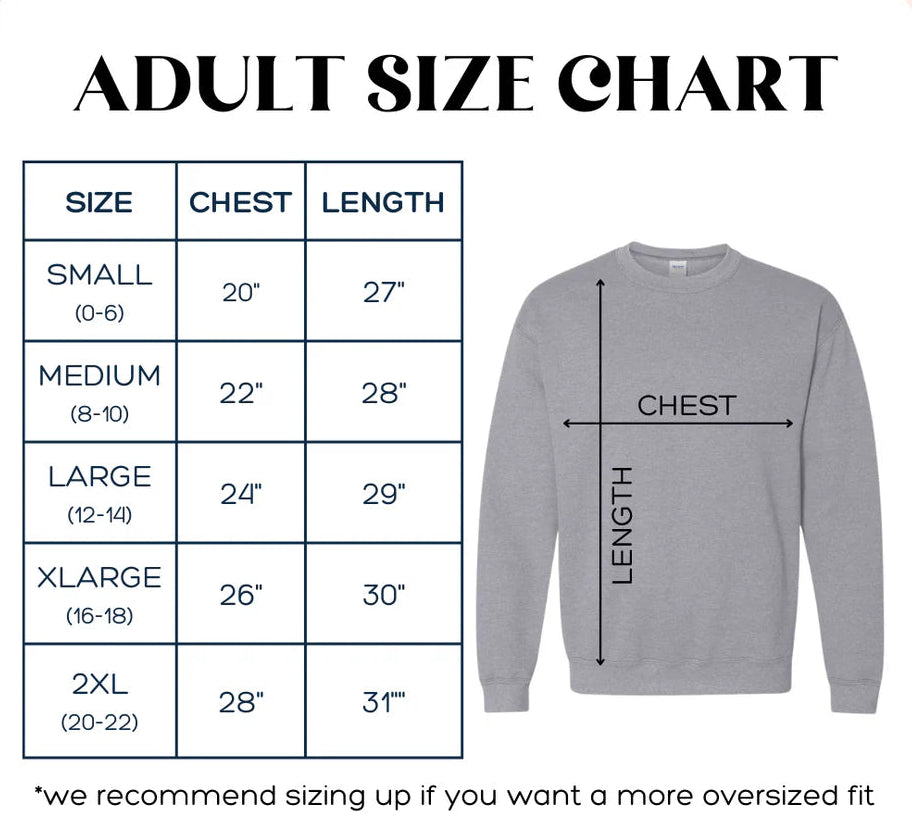 Adult size chart for a gray sweatshirt with measurements on a pink background, featuring the brand &
