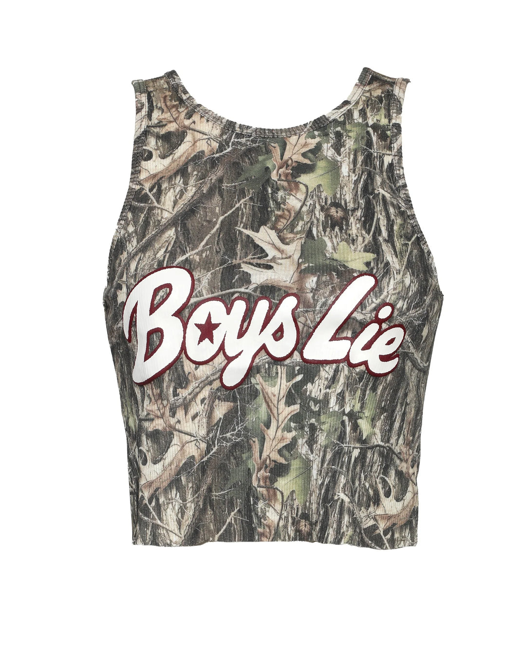 Camouflage tank top with 'Boys Lie' text on a white background