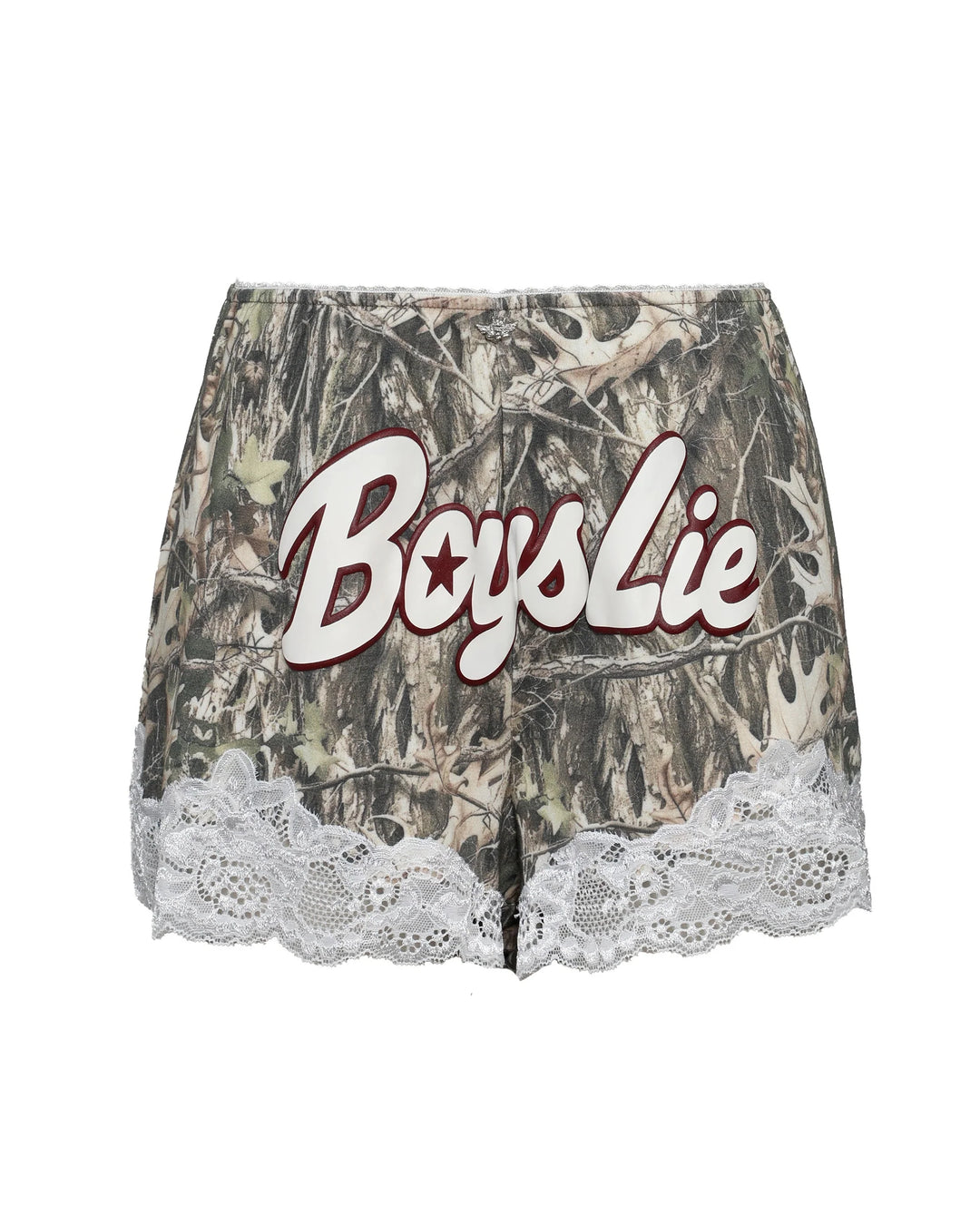 Camouflage shorts with lace trim and 'Boys Lie' text on a white background