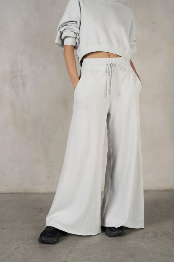 Person wearing light gray wide-leg pants and a matching top against a plain background