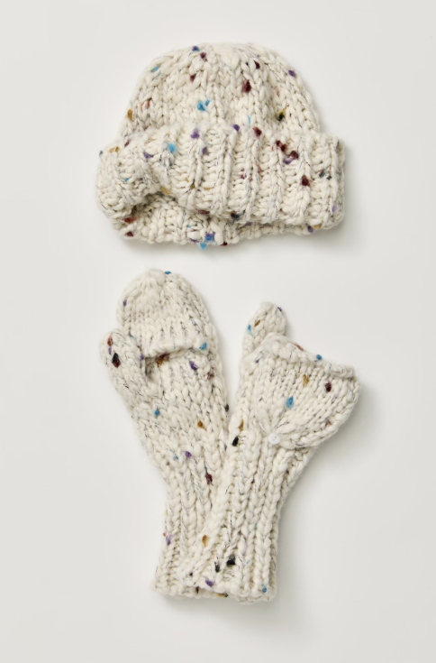 chunky knitted beige beanie and convertible mittens on white background