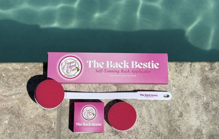 Self tanning applicator displayed by pool
