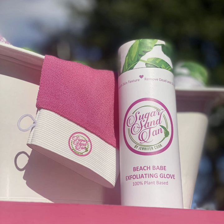 Self tanning exfoliating glove displayed in packaging