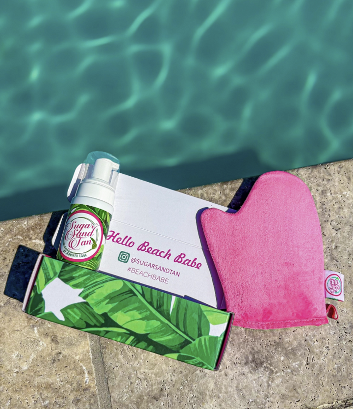 Self tanning products displayed by pool