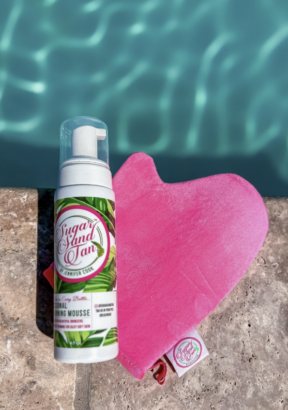 Self tanning products displayed by pool