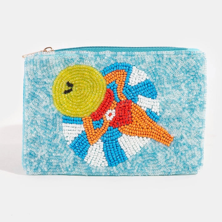 Beaded pouch with colorful design on a light blue background