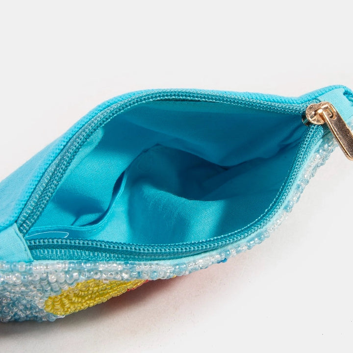 Blue pouch with decorative elements on a light background